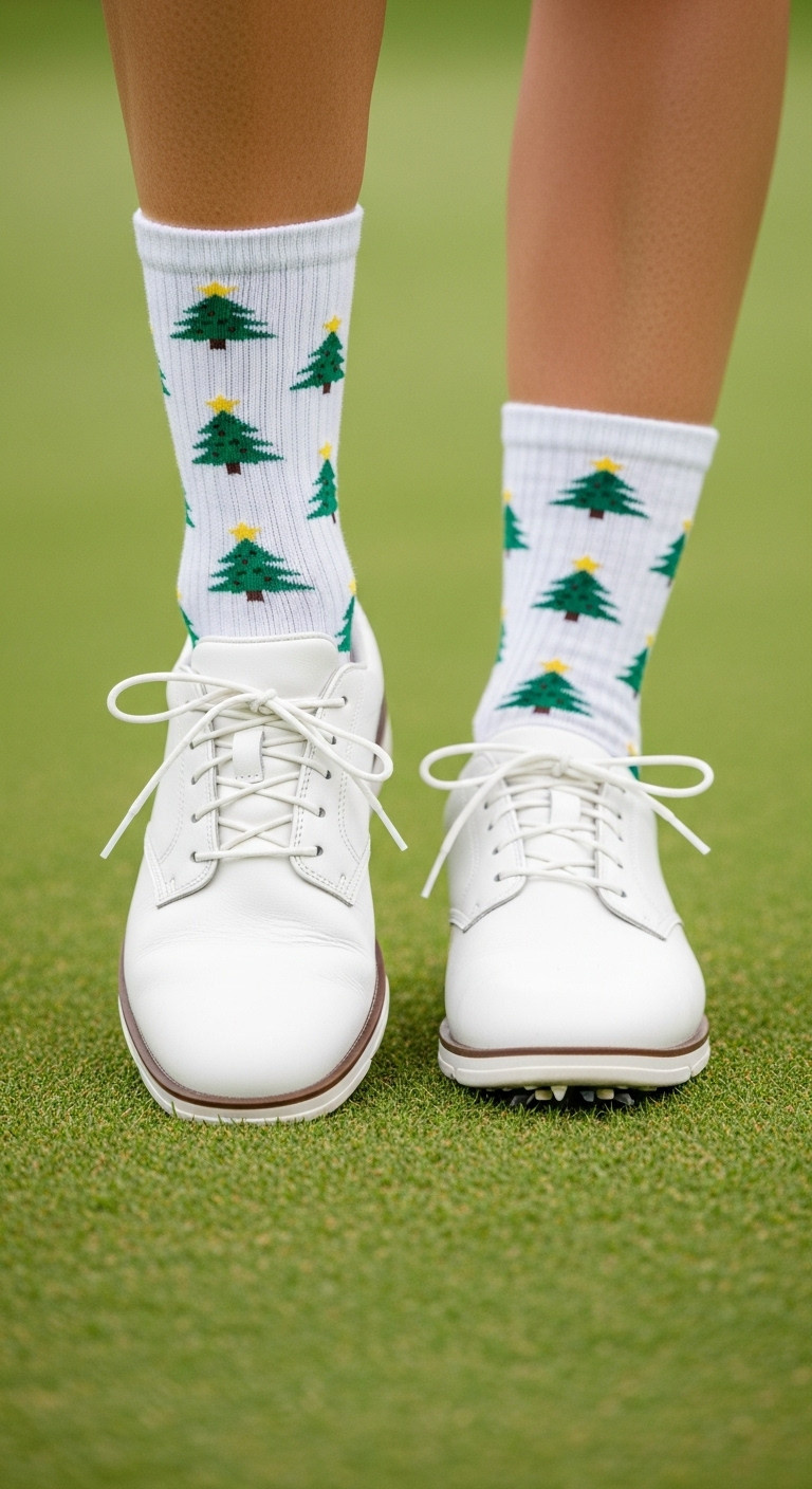 Close-Up Of A Woman'S Feet In White Golf Shoes With Festive Green Christmas Tree Socks On A Golf Green