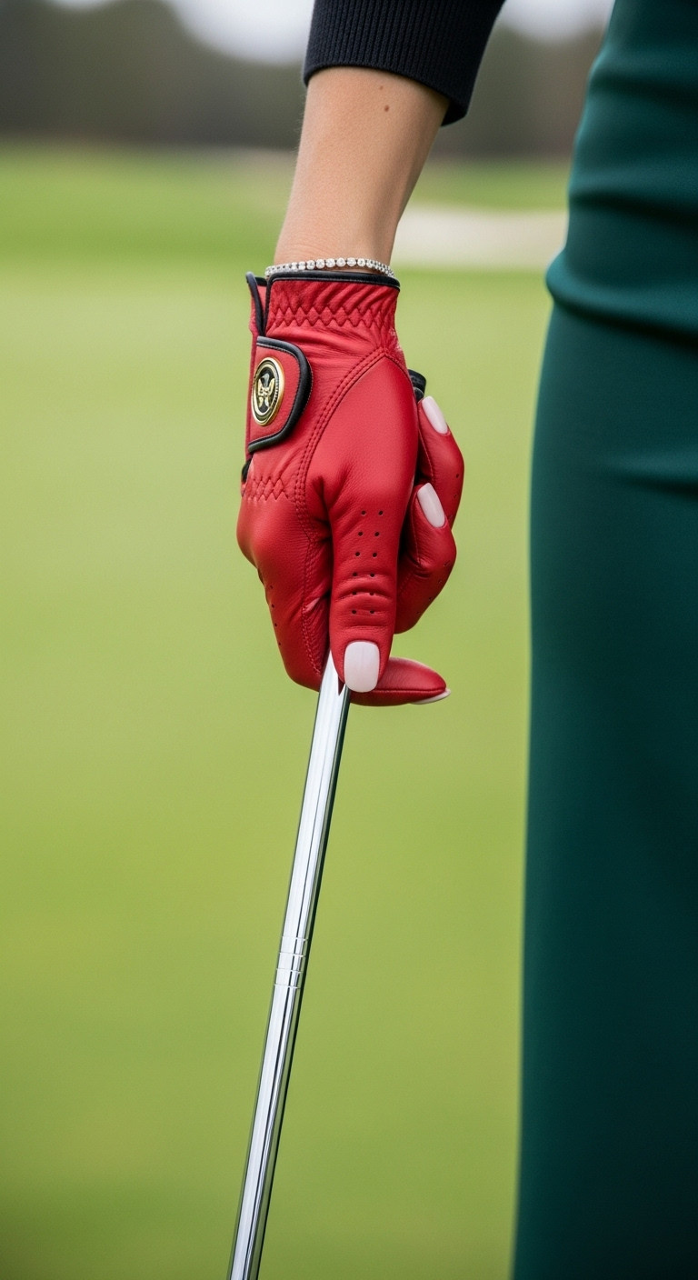 Close-Up Of A Woman'S Hand In A Red Leather Golf Glove Gripping A Club On A Blurred Fairway