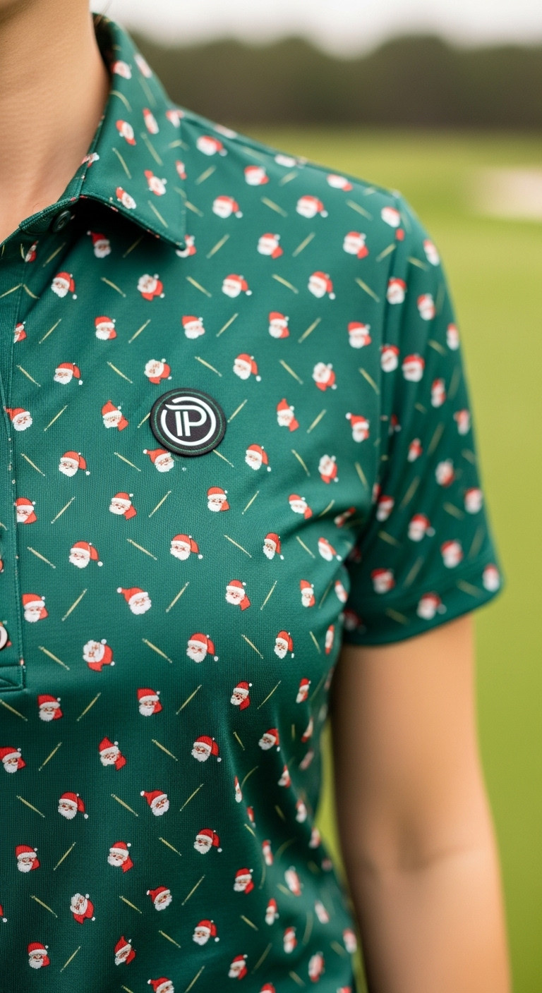 Close-Up Of A Women'S Deep Green Golf Polo With A Playful Santa Claus And Golf Tee Pattern