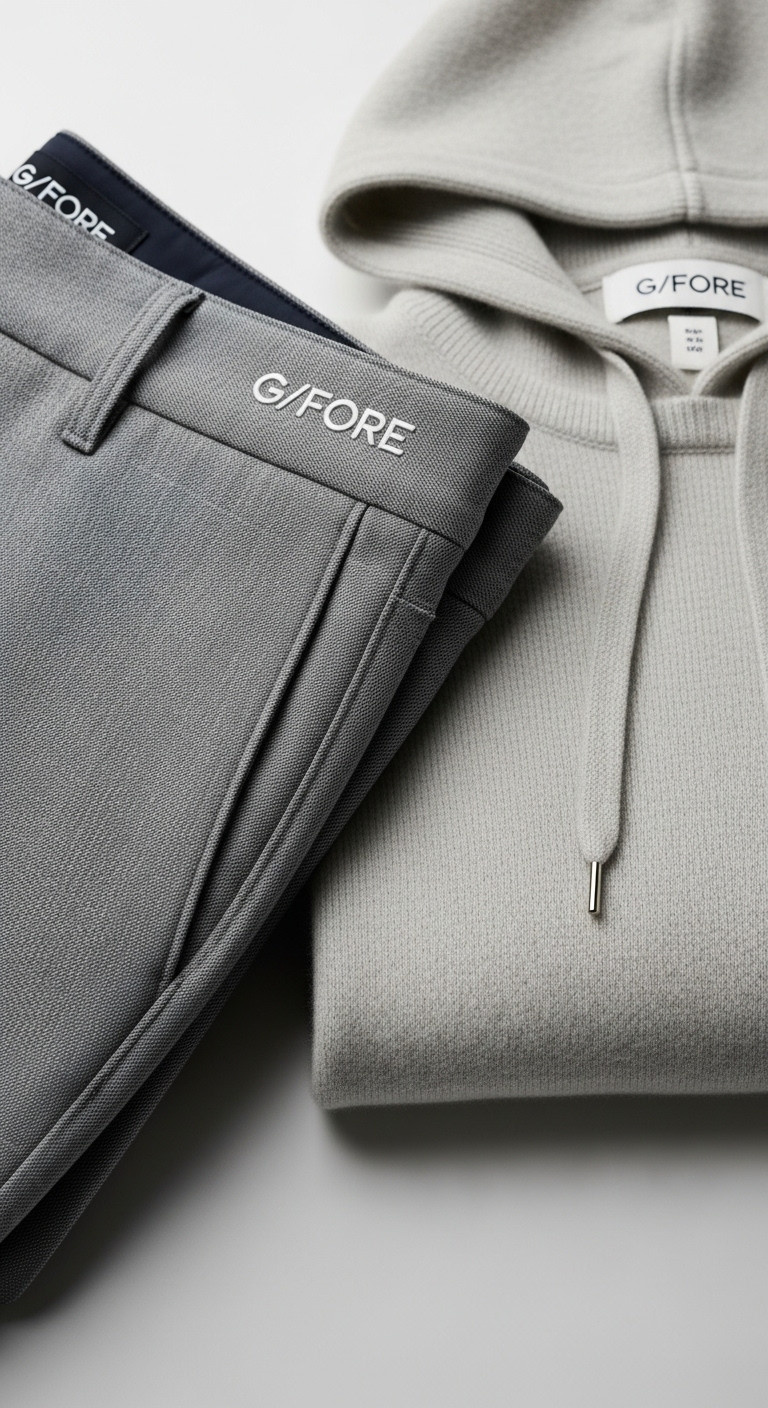 Close-Up Of Luxury Golf Apparel Featuring High-End Pants And A Cashmere Hooded Sweater