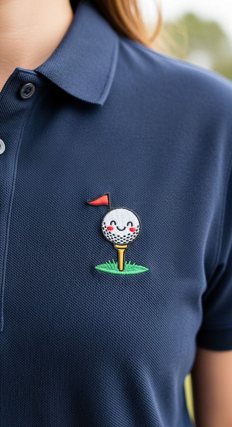 13 Golf Party Outfit Ideas From Chic To Downright Fun Close-Up Of Navy Polo Shirt With Cute Embroidered Golf Ball On Tee Patch, Perfect For A Diy Golf Party.