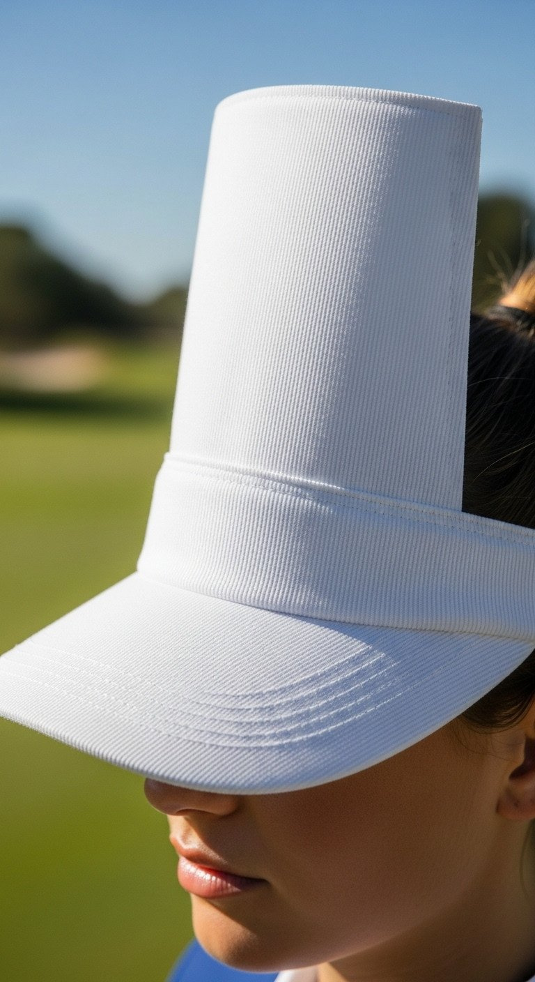 Close-Up Of Woman Wearing A Classic 90S-Style Tall White Golf Visor With A High Ponytail. Bright Sun, Blurred Golf Course Background.