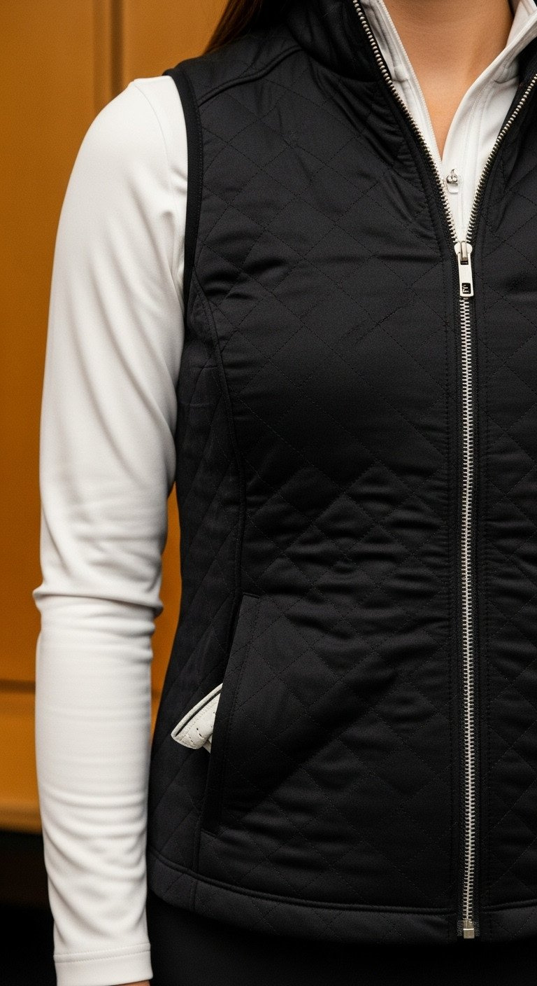 A Complete Guide To Chic Modest Golf Outfits For Women Close-Up Of Woman'S Golf Outfit: White Base Layer Under Black Quilted Golf Vest With Silver Zipper. Clubhouse Style.