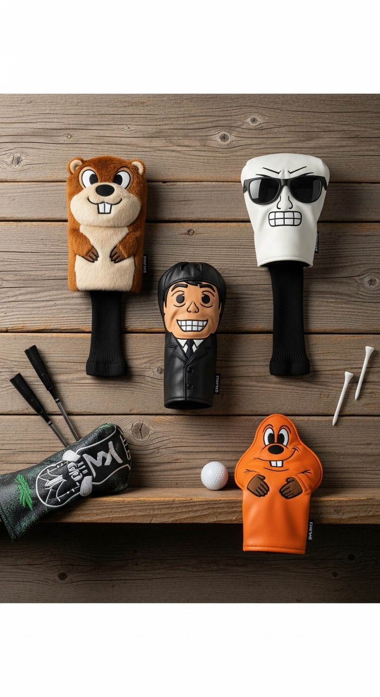Collection Of Funny And Unique Golf Driver Headcovers, Golf Tees, And A White Golf Ball On A Rustic Wooden Shelf