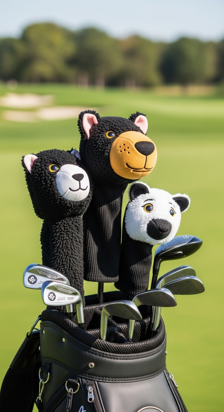 Collection Of Unique Animal And Character Golf Headcovers In A Golf Bag On A Course