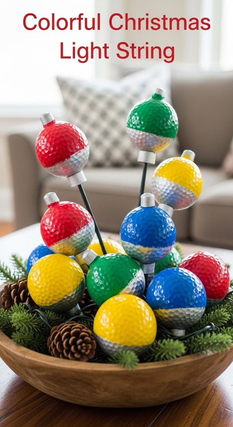 Colorful Christmas Light String Golf Balls Painted In Vibrant Colors Arranged In A Rustic Bowl As Table Decor