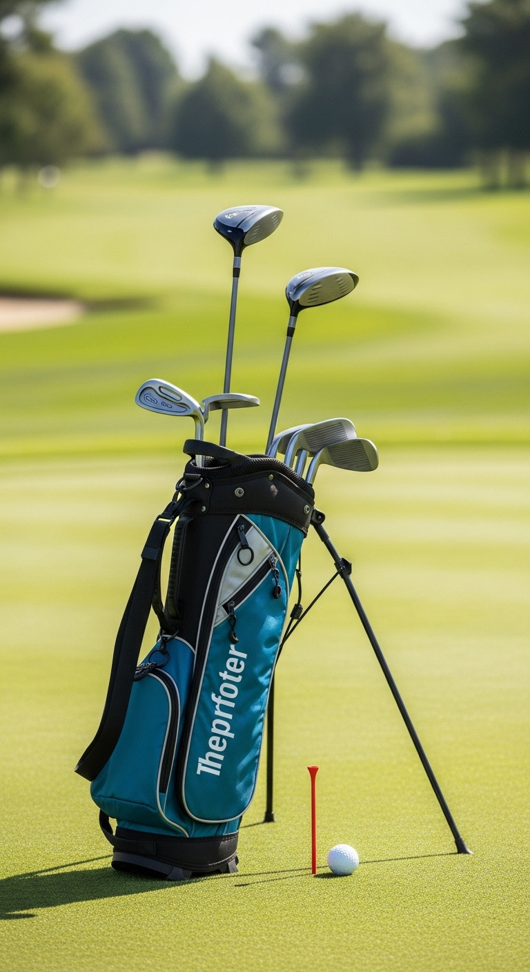 Colorful Junior Golf Club Set In A Stand Bag On A Golf Course With A Ball And Tee
