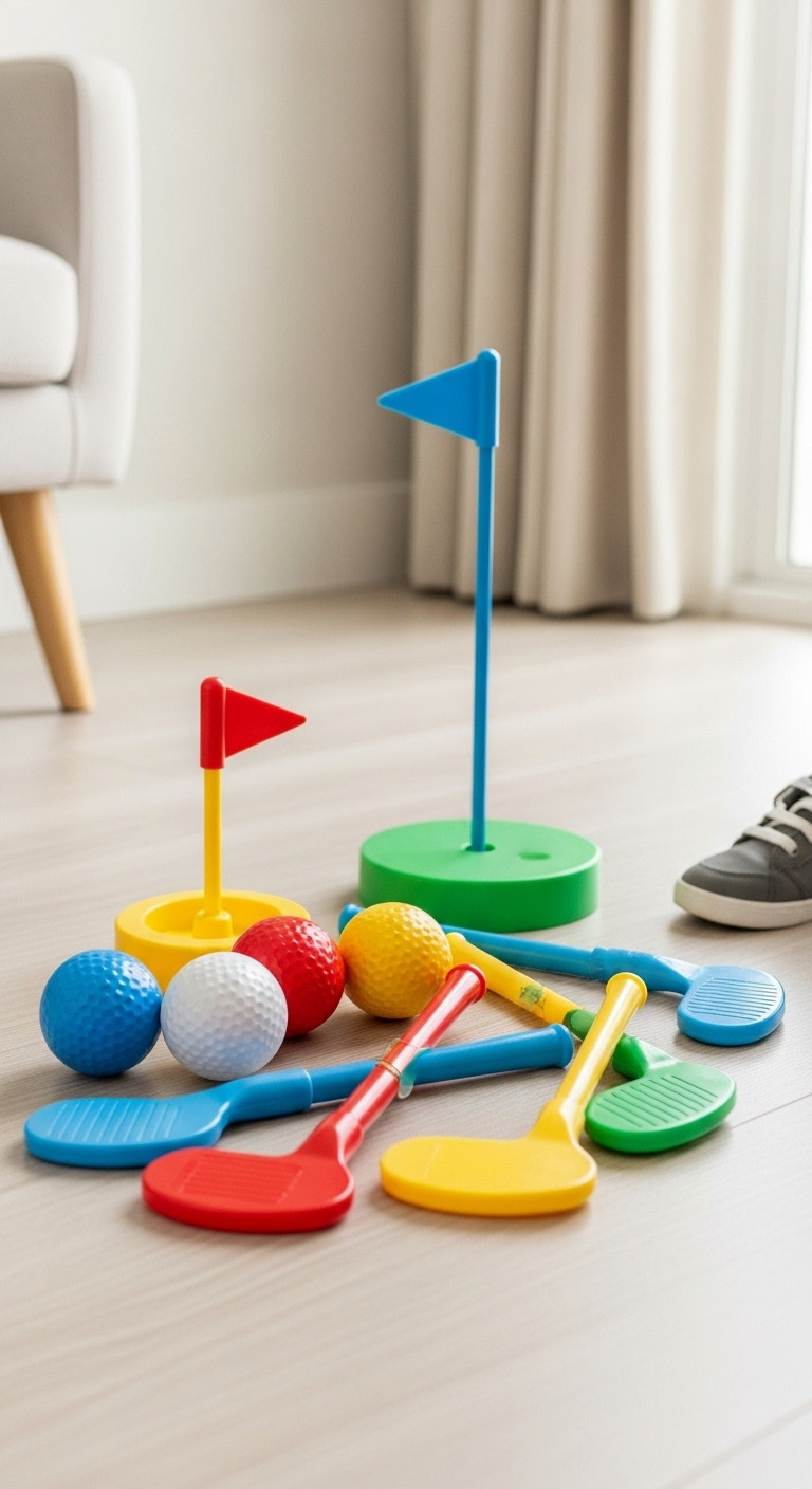 Colorful Plastic Golf Combination Set With Clubs Foam Balls And Putting Cup Arranged On A Light Floor