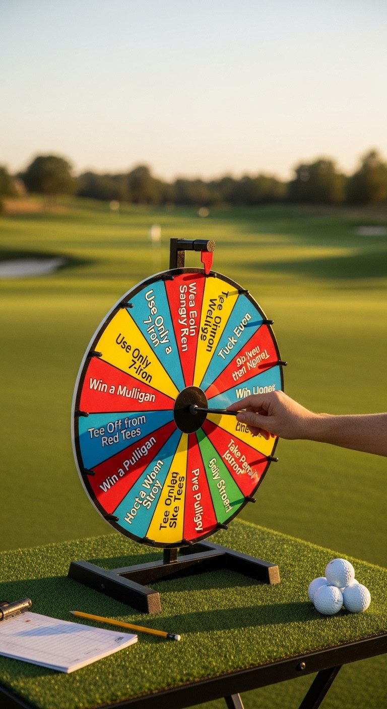 Colorful Spinning Hole Of Fortune Prize Wheel On A Golf Tee Box At Sunset With Golfer'S Hand Reaching To Spin