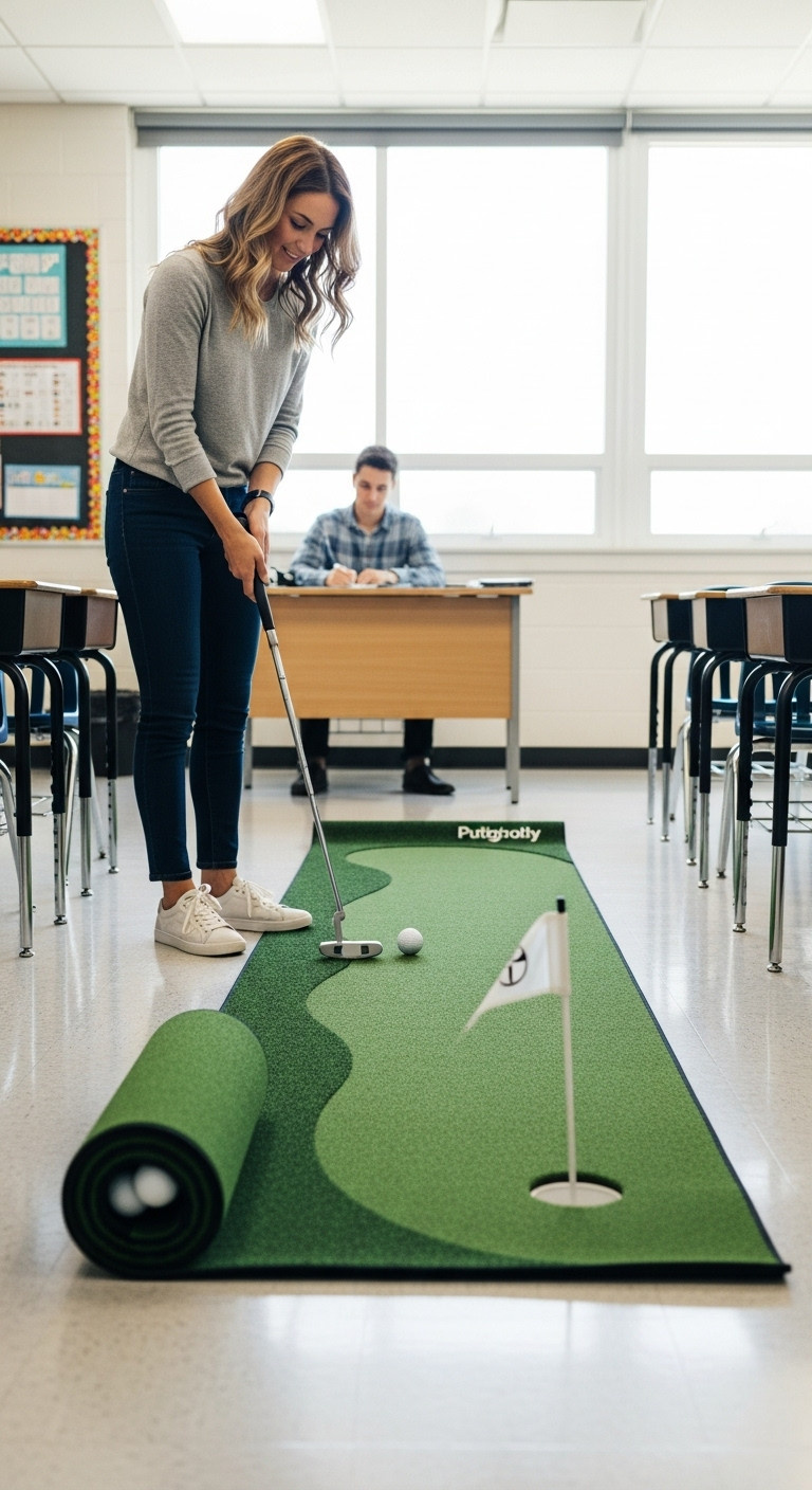 Compact Indoor Putting Green Mat With A Golf Putter And Balls Rolled Out On A Classroom Floor