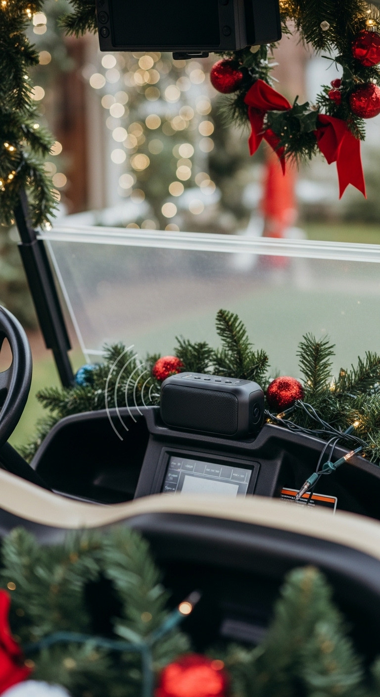 Compact, Weather-Resistant Bluetooth Speaker Discreetly Integrated Into A Festive Christmas Vacation Golf Cart, Playing Holiday Music.