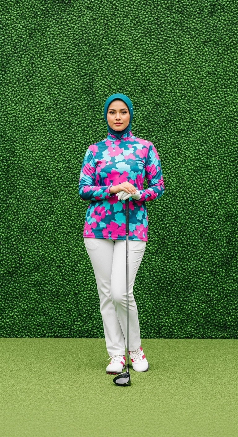 11 Inspiring Hijab Golf Outfits For Flawless Comfort And Style Confident Hijabi Golfer In Vibrant Floral Print Top, White Pants, Colorful Hijab, Posing With Club On Green.