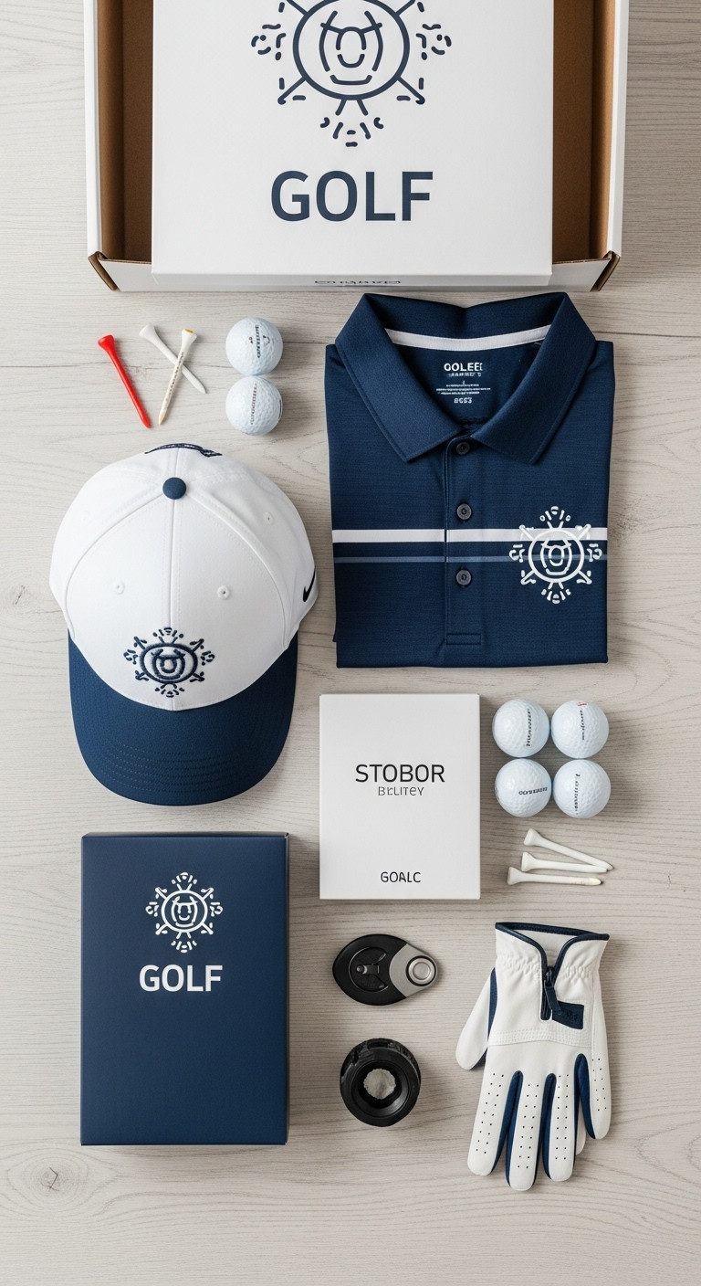 Contents Of A Golf Subscription Box Including A Polo Shirt Golf Balls Hat Glove And Training Aid Flat Lay