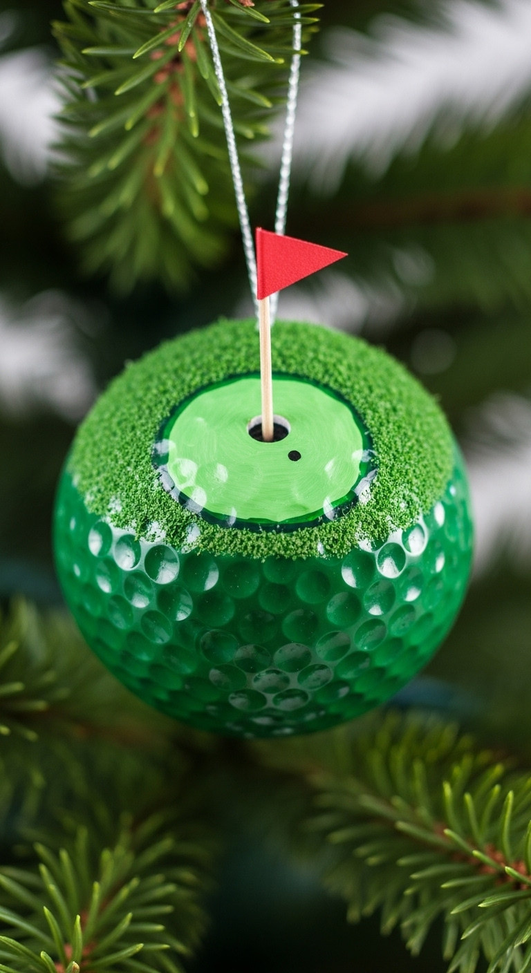 Creative Miniature Golf Green Ornament Made From A Green Painted Golf Ball With A Hole And Flagstick