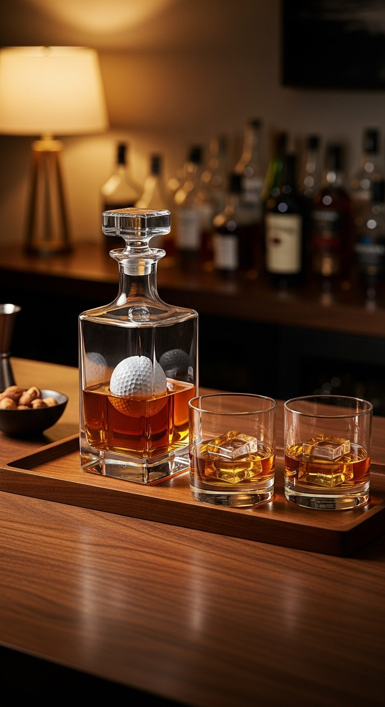 Crystal Golf Themed Whiskey Decanter Set With Embedded Golf Ball And Whiskey On A Home Bar