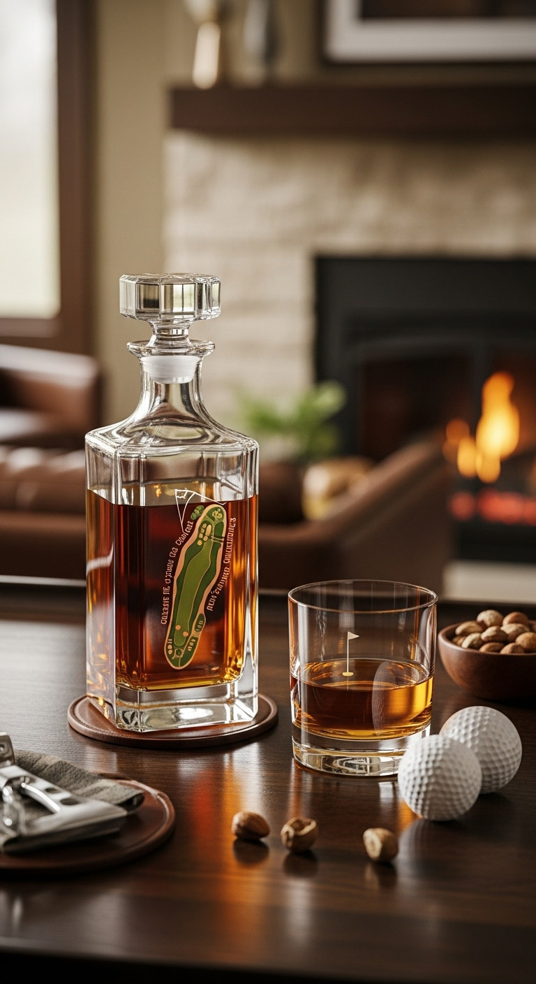 Crystal Whiskey Decanter Etched With A Golf Course Map Next To A Tumbler With Golf Ball Chillers On A Dark Wood Bar