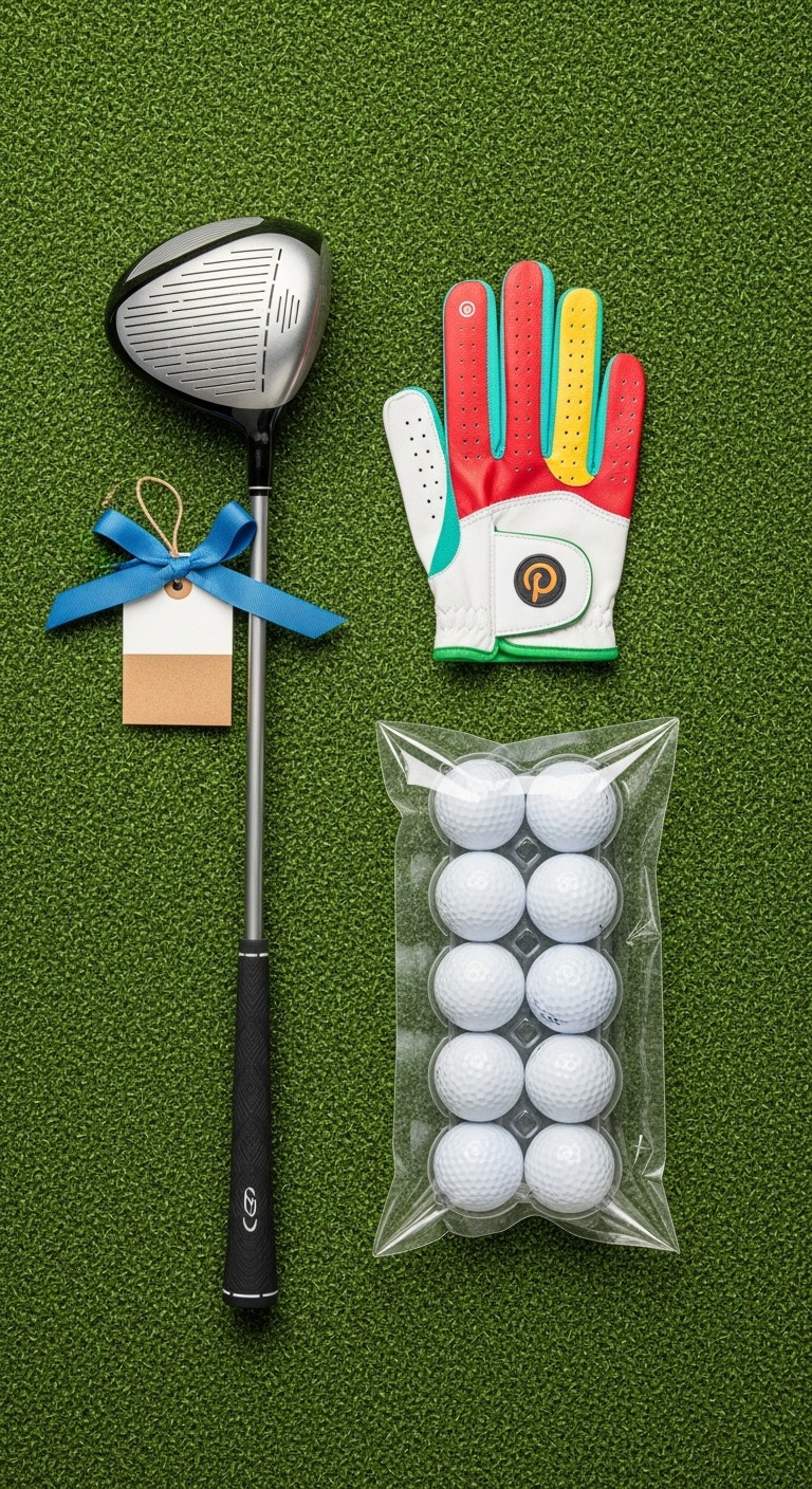 Curated Toddler Golf Bundle With Driver Colorful Glove Oversized Soft Golf Balls And A Gift Tag On Green Turf