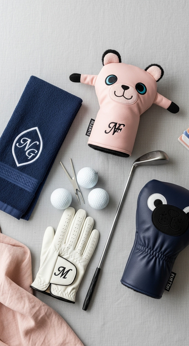 Custom Embroidered Golf Towel, Monogrammed Leather Glove, And Funny Animal Headcover Flat Lay With Golf Balls And Divot Tool