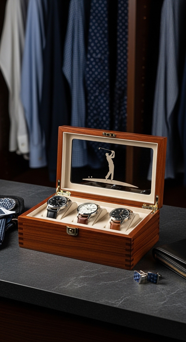 Custom Engraved Golf Lovers Watch Box On A Granite Countertop In A Closet With Luxury Watches