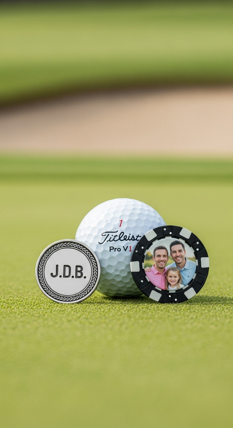 Custom Engraved Metal And Poker Chip Golf Ball Markers With A Titleist Pro V1 On A Putting Green