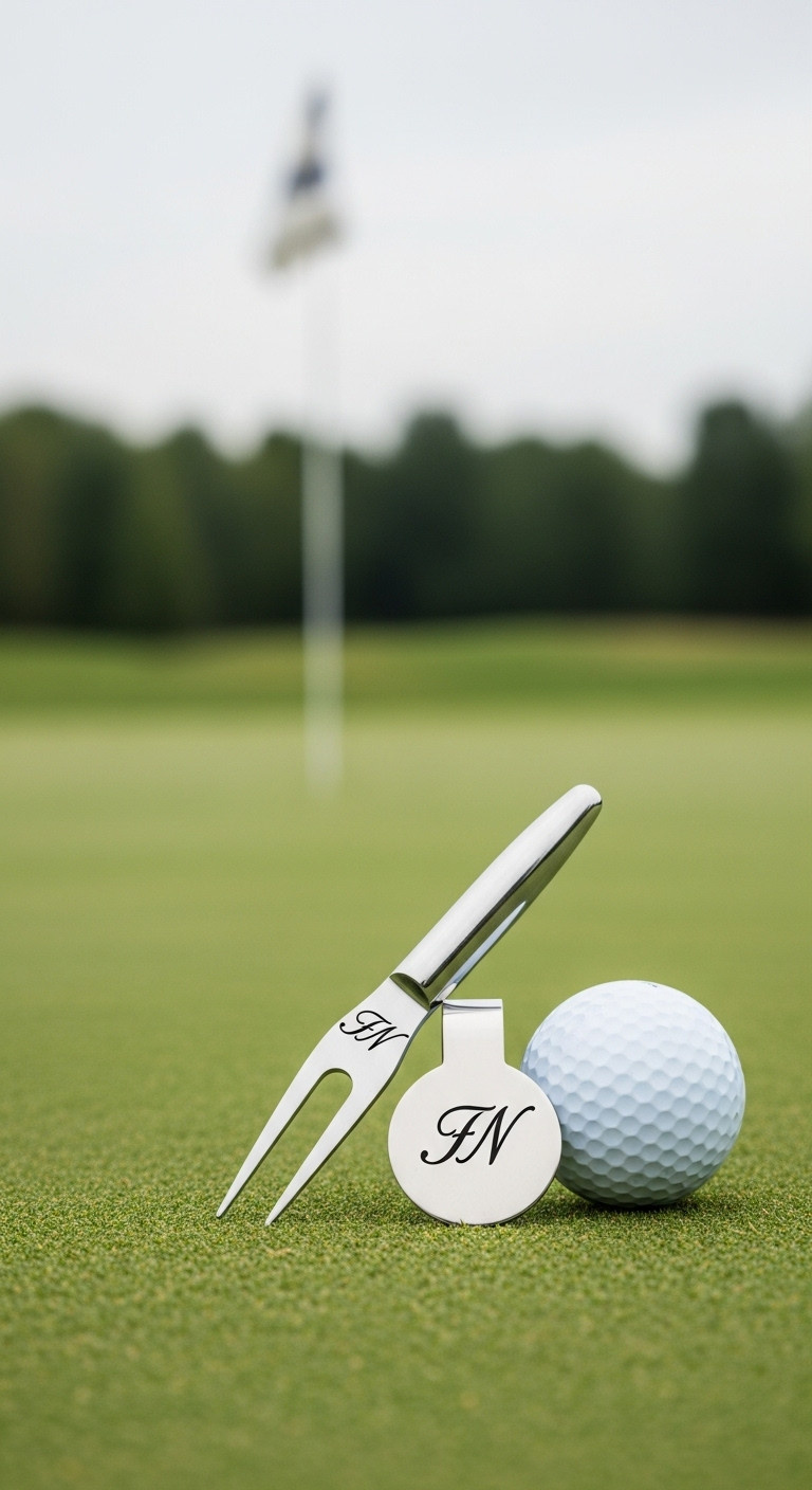 Custom Engraved Metal Divot Tool And Magnetic Ball Marker With Initials On A Pristine Putting Green Next To A Golf Ball