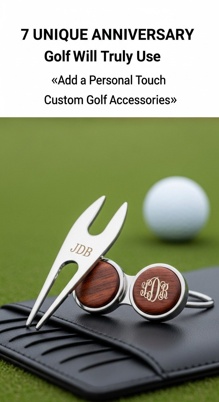 Custom Engraved Silver And Mahogany Divot Tool And Ball Marker Set With A Jdb Monogram On A Dark Leather Scorecard Holder