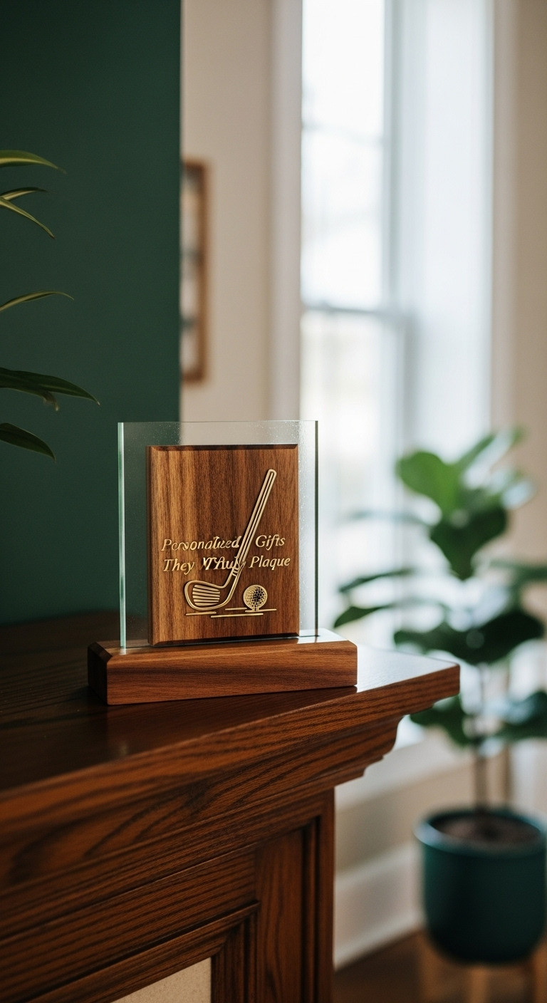 Custom Engraved Wooden And Glass Golf Plaque With Golden Golf Club And Ball Emblem On A Dark Wood Mantelpiece