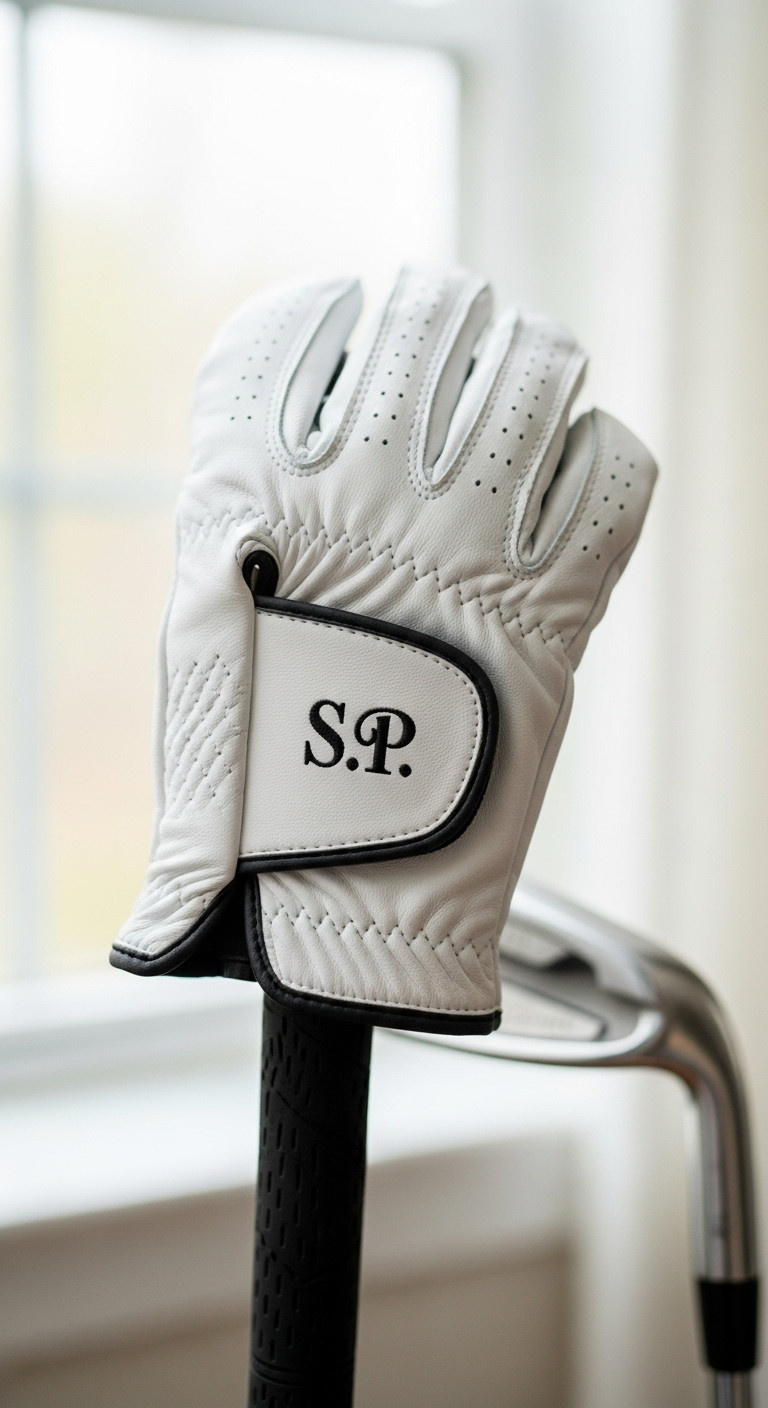 Custom Fit Golf Glove With Black Monogram Draped Over A Golf Club Grip