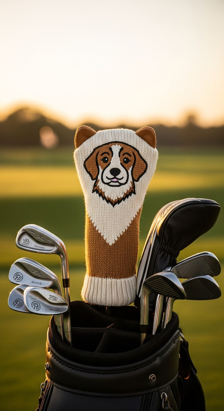 Custom Golden Retriever Golf Headcover Peeking From A Leather Golf Bag At Sunset