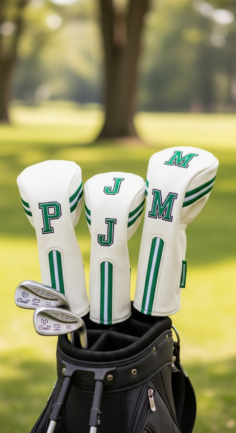 Custom Golf Club Headcovers With Initials In A Golf Bag On A Course For Fathers Day