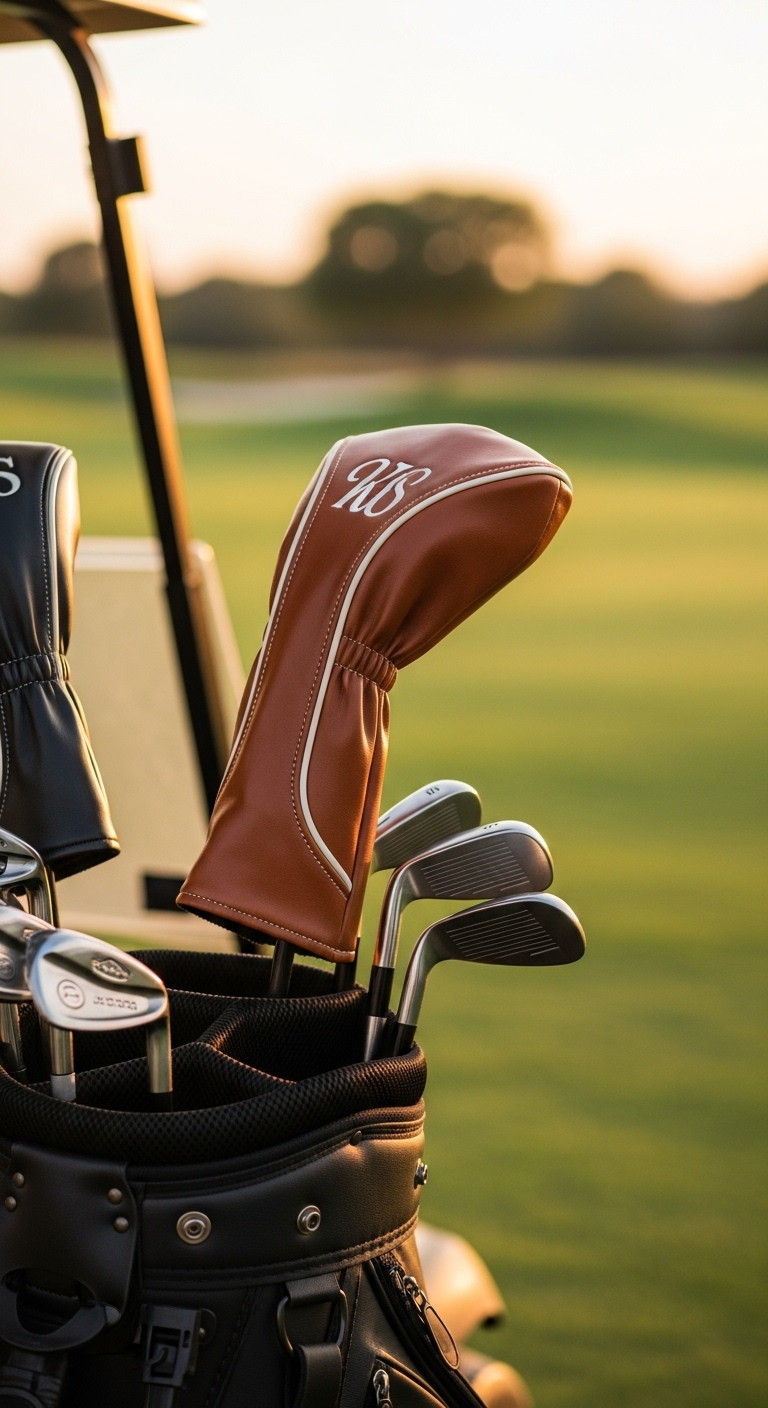 Custom Leather Golf Head Cover With Initials On A Driver In A Golf Bag On A Course At Sunset