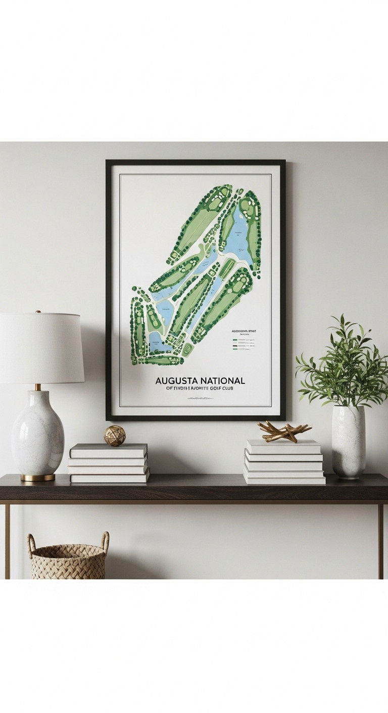Custom Map Print Of Augusta National Golf Club Course Hanging In A Living Room