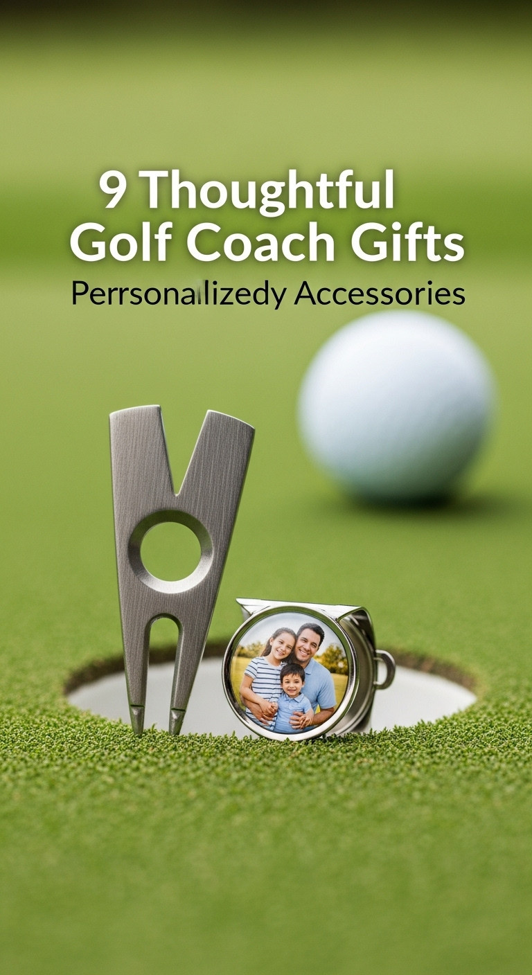 Custom Metal Golf Ball Marker With Family Photo Next To A Divot Tool On A Putting Green Cup