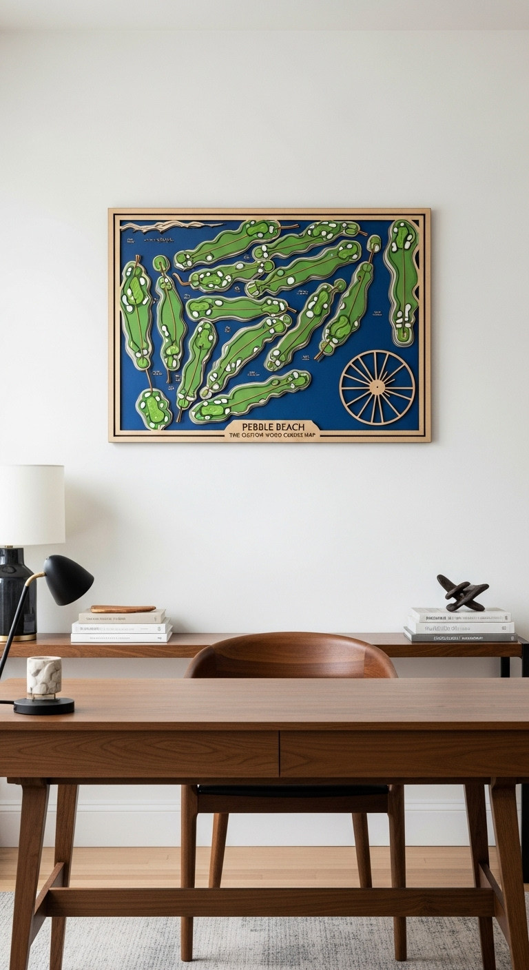 Custom Multi-Layered Wood Golf Course Map Of Pebble Beach Hanging On A Modern Home Office Wall Above A Sleek Desk