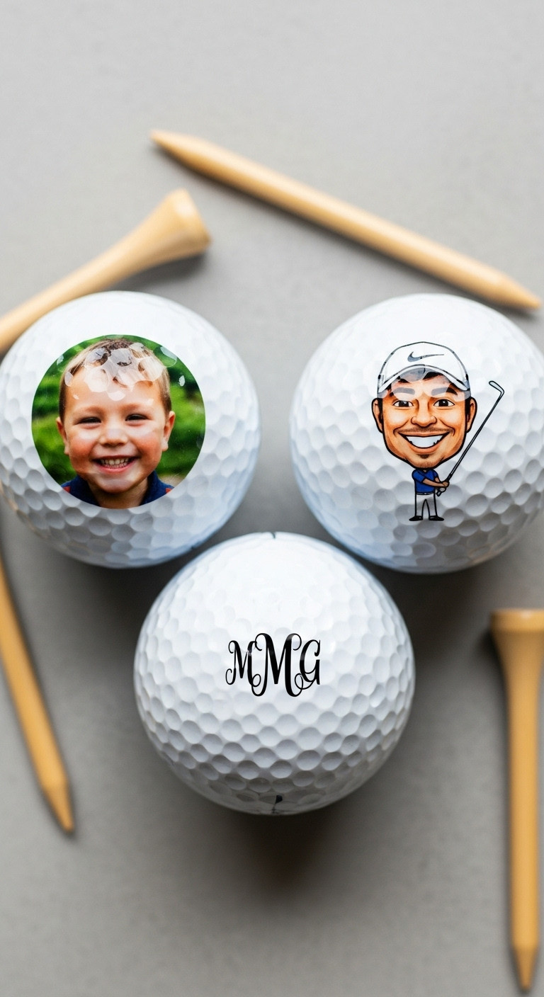 Custom Photo Golf Balls With Child'S Face Caricature And Monogram On Stone With Tees