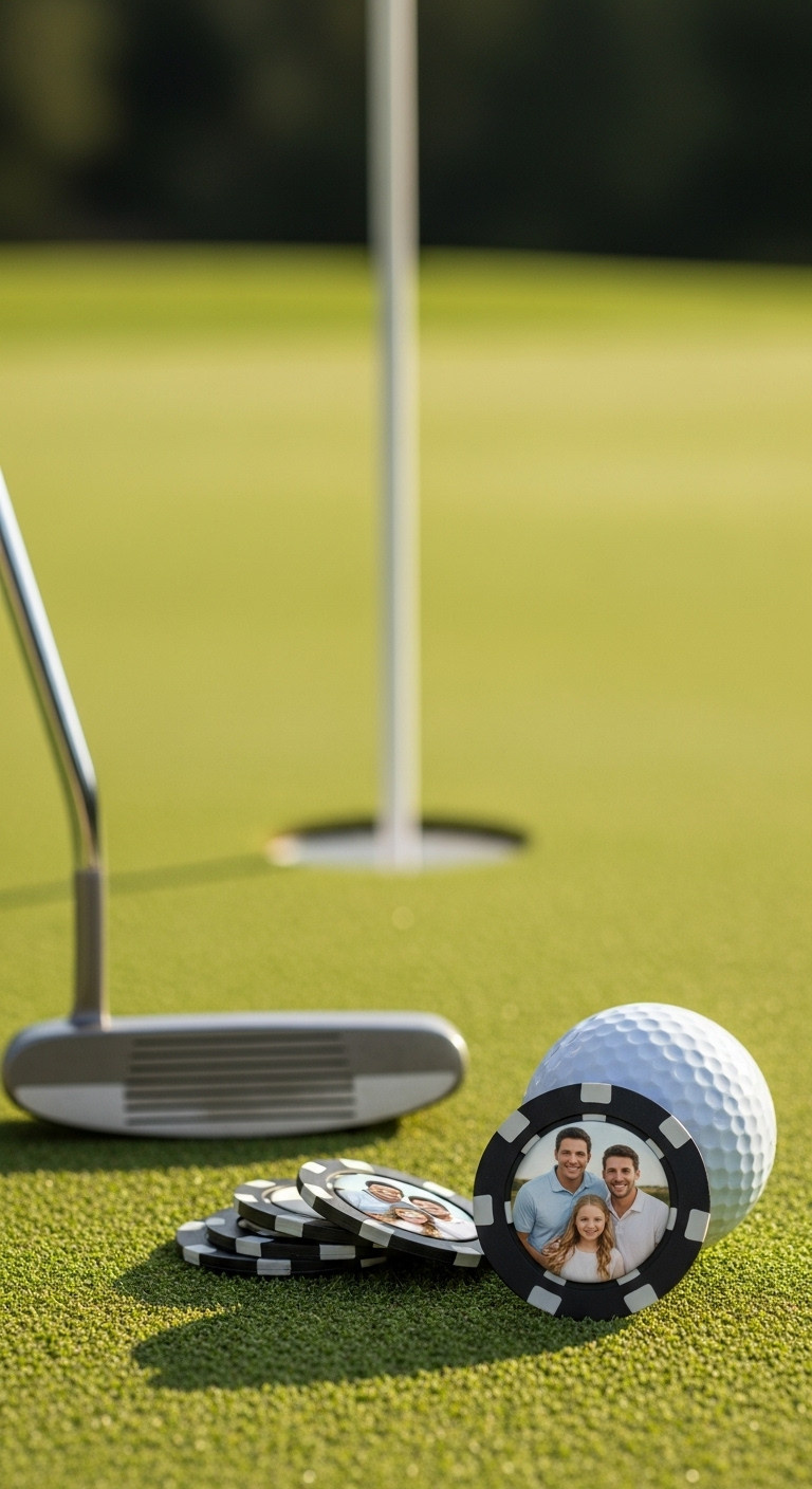 Custom Poker Chip Golf Ball Markers With Family Photo On A Pristine Putting Green Next To A Golf Ball