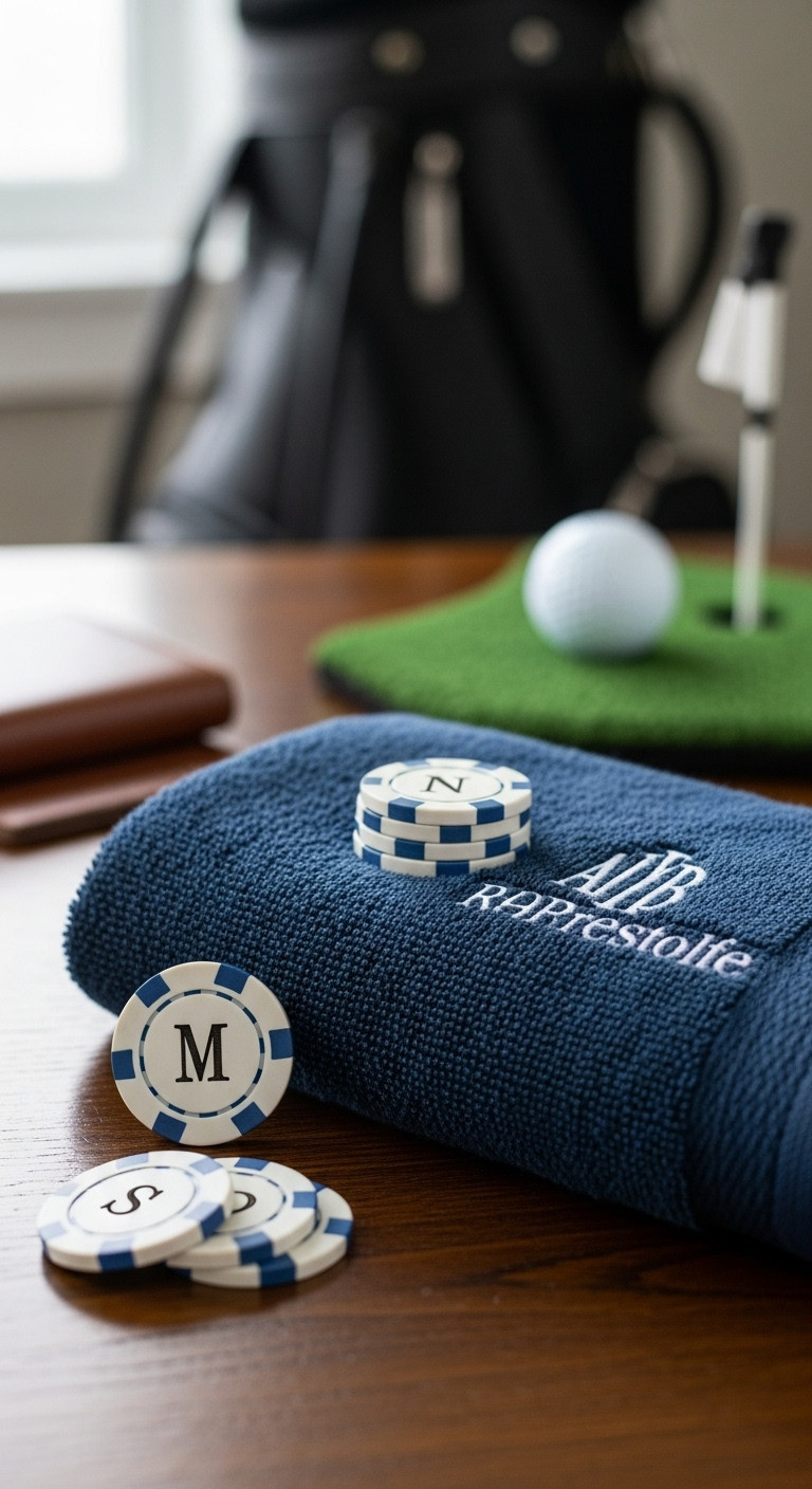 Custom Poker Chip Golf Ball Markers With Monogram And Premium Navy Golf Towel On A Wooden Table