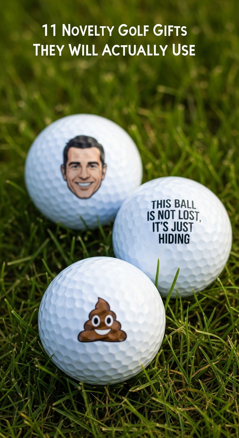 Custom Printed Funny Golf Balls With A Cartoon Face, Humorous Text, And A Poop Emoji Resting On Vibrant Green Grass