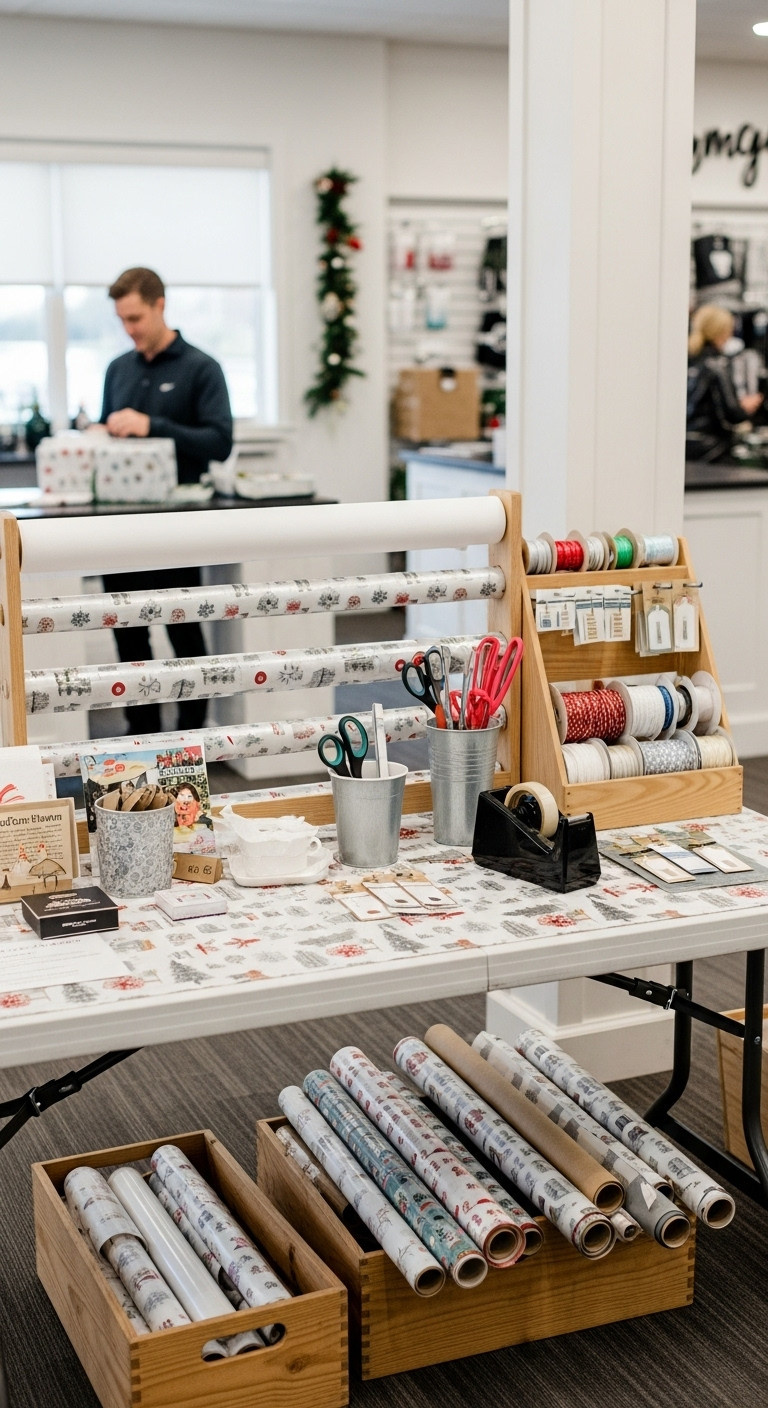 Customer Gift Wrap Station Golf Shop Christmas Decor Holiday Retail Service Convenient Festive Display Wrapping Paper Ribbons