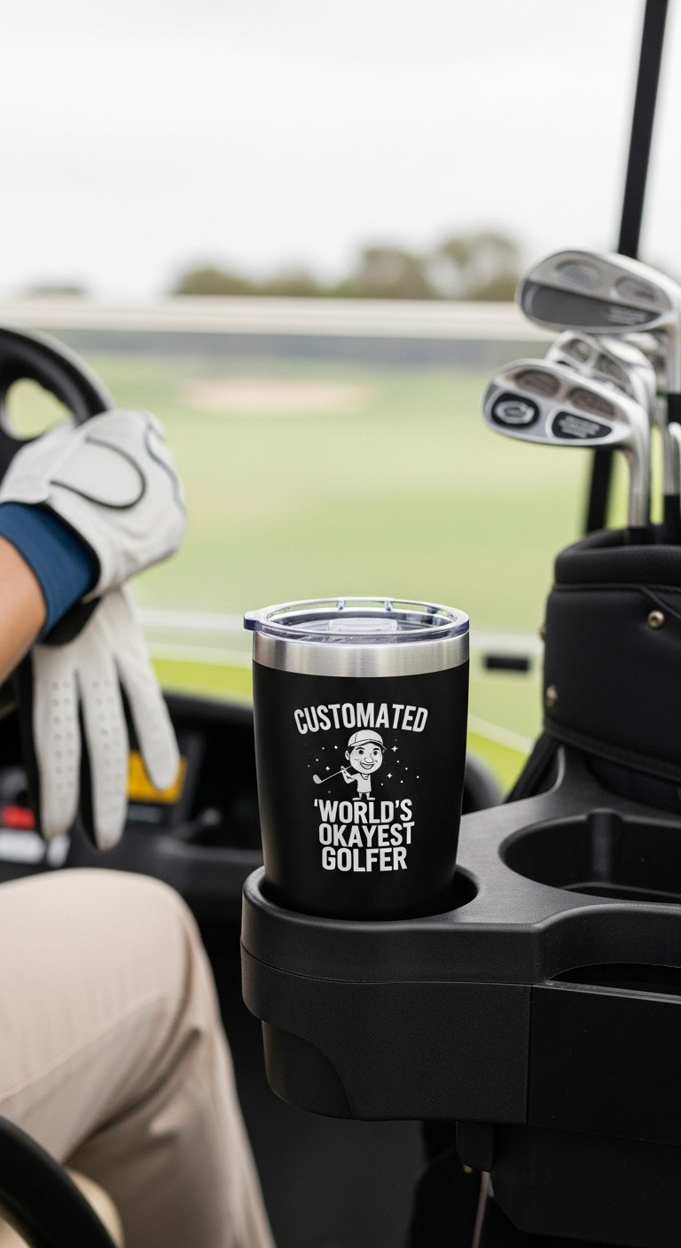 Customized Insulated Golf Tumbler In A Golf Cart Cup Holder On A Lush Green Fairway With A Golf Glove And Bag