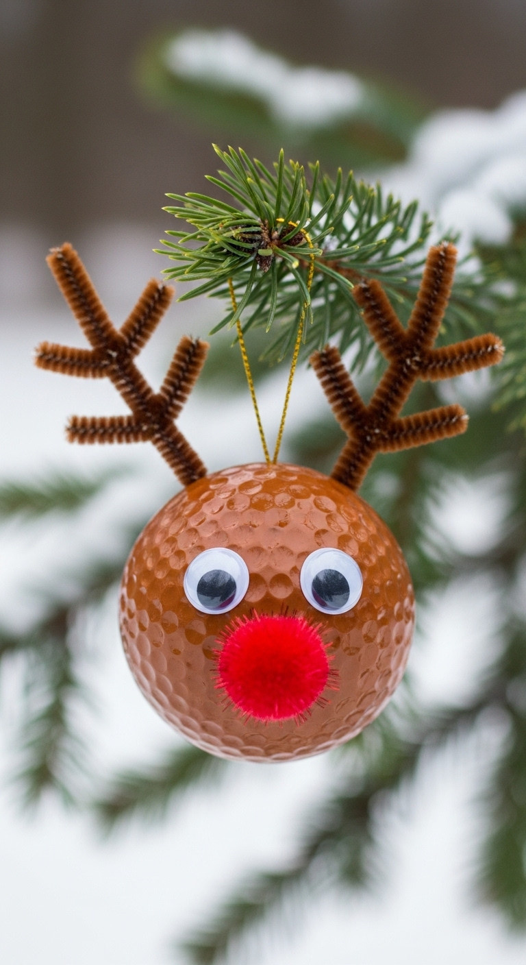 Cute Rudolph The Reindeer Ornament Made From A Brown Golf Ball With Googly Eyes Red Nose And Pipe Cleaner Antlers