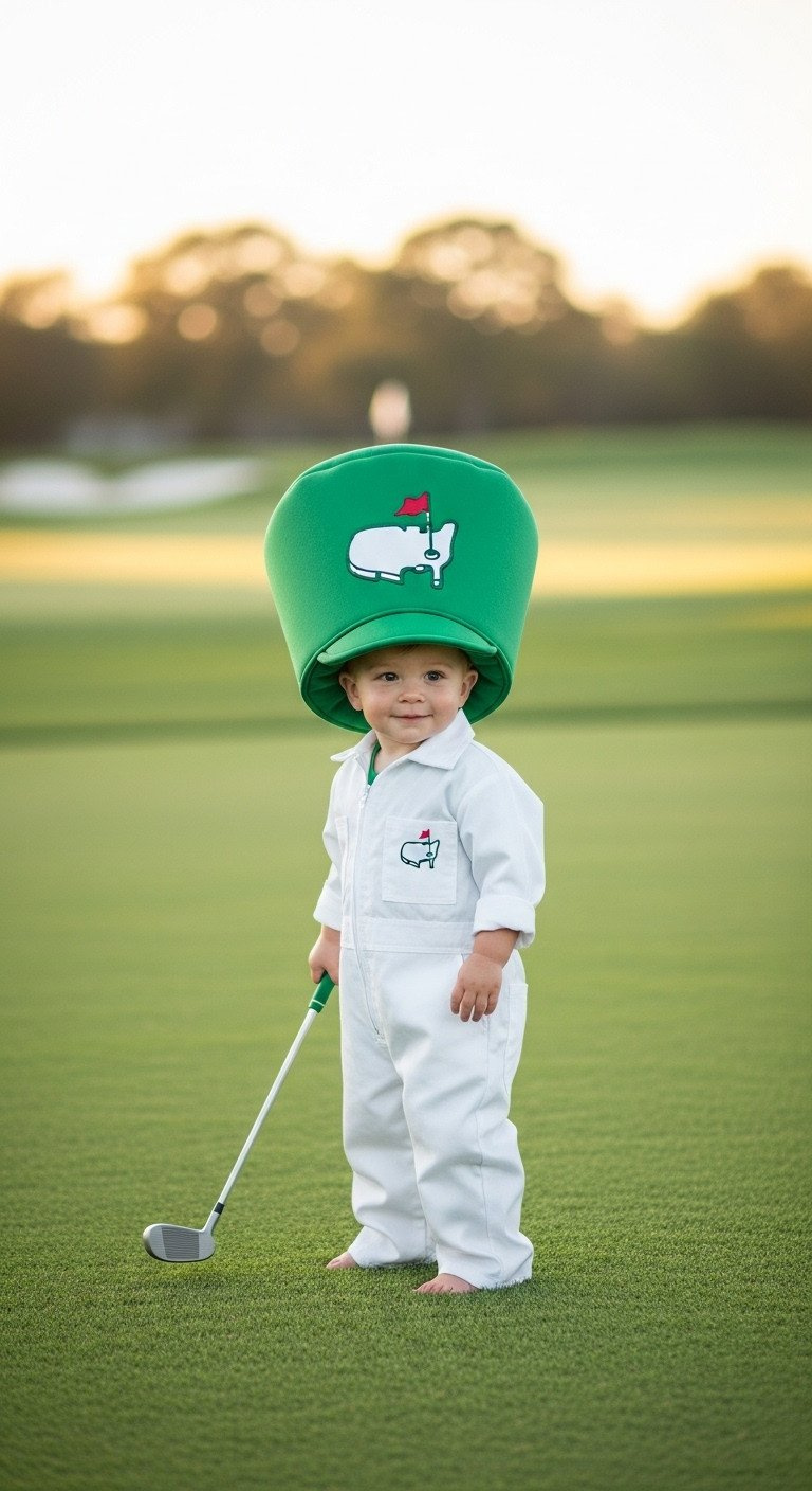 Golf Caddy Outfit Ideas A Complete Guide To Buy Or Diy Cute Toddler In Masters Caddy Costume: White Jumpsuit, Oversized Green Cap, Holding A Toy Golf Club On A Sunny Golf Course Lawn.
