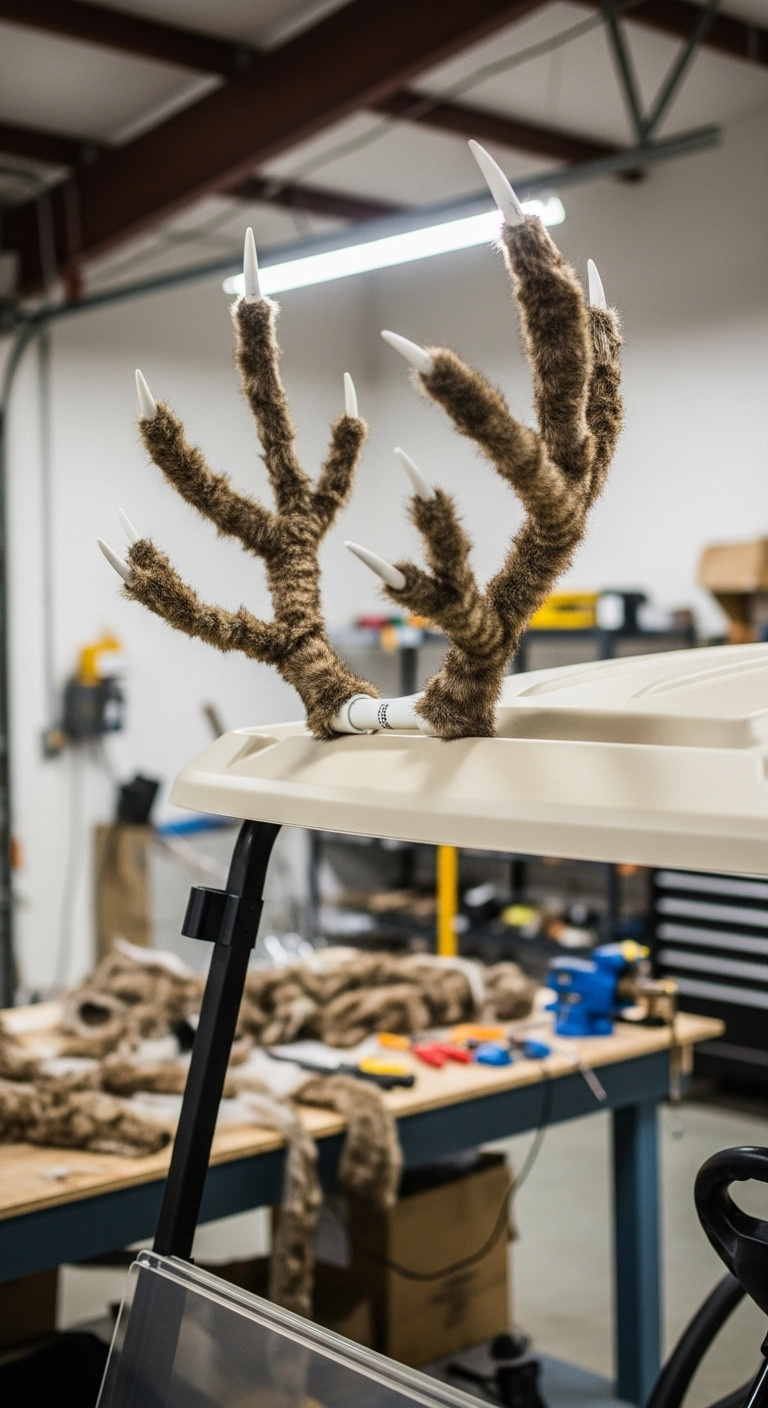 9 Brilliant Christmas Golf Cart Reindeer Decor Ideas Diy Christmas Golf Cart Reindeer Antlers Custom Ears Faux Fur Craft Project Workshop Close Up Holiday Decor
