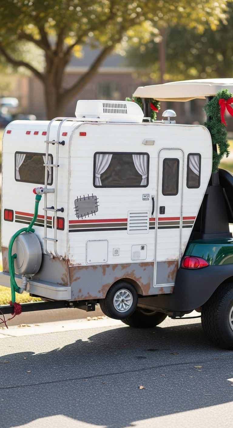 Diy Cousin Eddie'S Rv Replica Attached To A Festive Golf Cart, Detailed With Faux Rust And A 'Sewer Hose,' In A Bright Community Park.