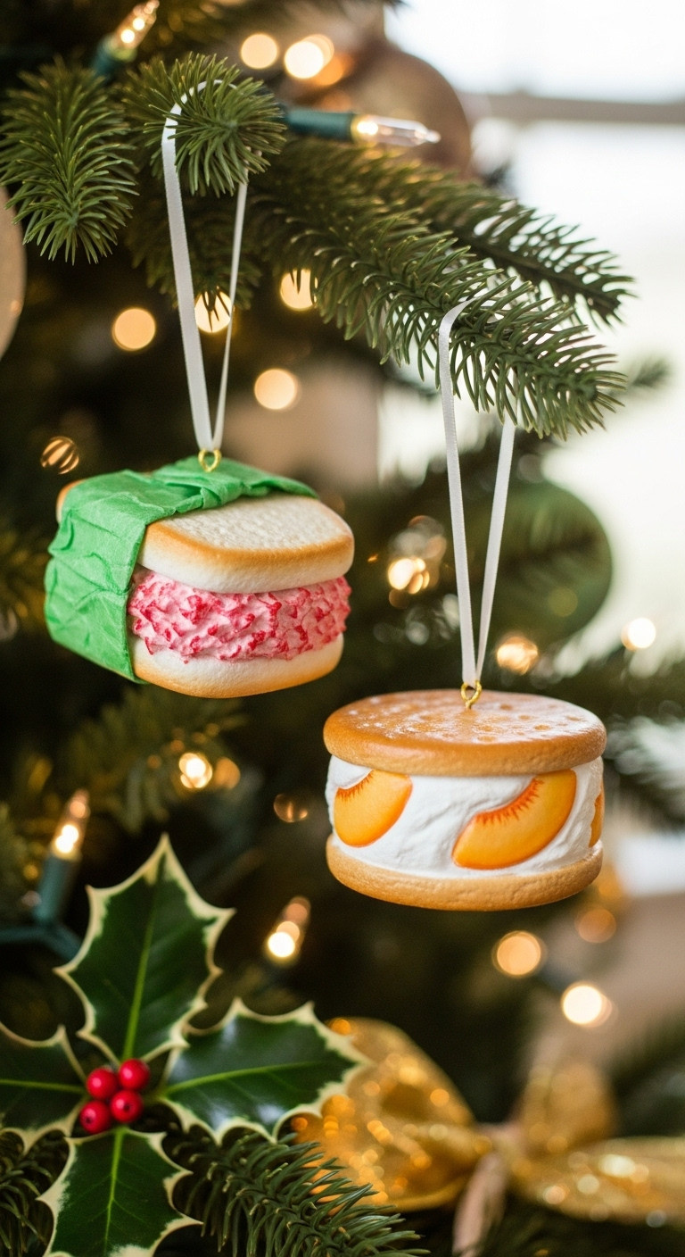 7 Brilliant Masters Golf Christmas Tree Decor Ideas Diy Masters Concession Ornaments Pimento Cheese And Peach Ice Cream Sandwiches Hanging From A Christmas Tree Branch