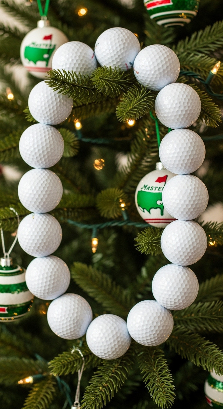 7 Brilliant Masters Golf Christmas Tree Decor Ideas Diy Golf Ball Garland Draped On A Christmas Tree Branch With Green Floral Wire And Masters Ornaments In A Bright Setting