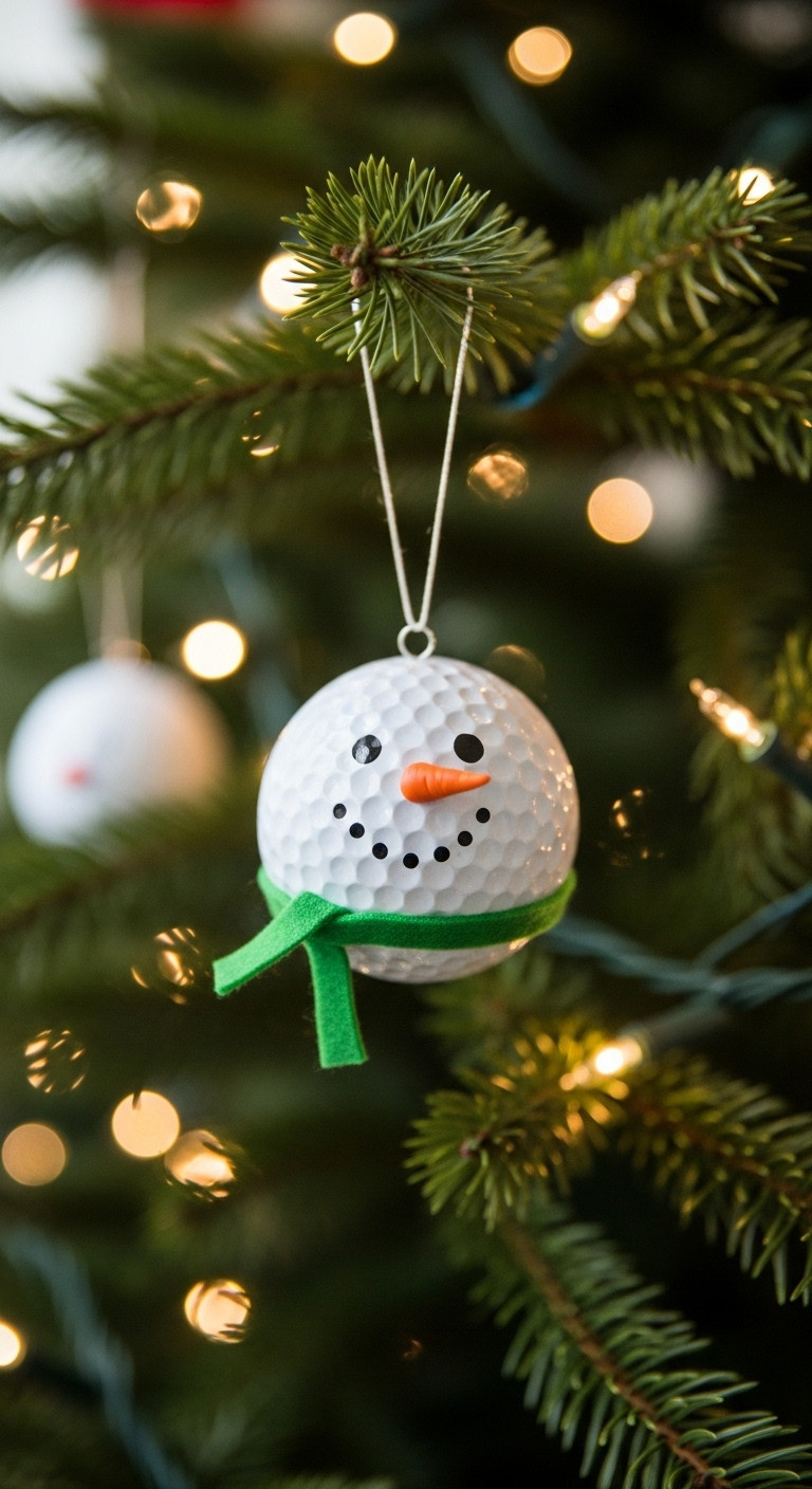 Diy Golf Ball Snowman Ornament With Painted Face Carrot Nose And Felt Scarf Hanging On A Christmas Tree