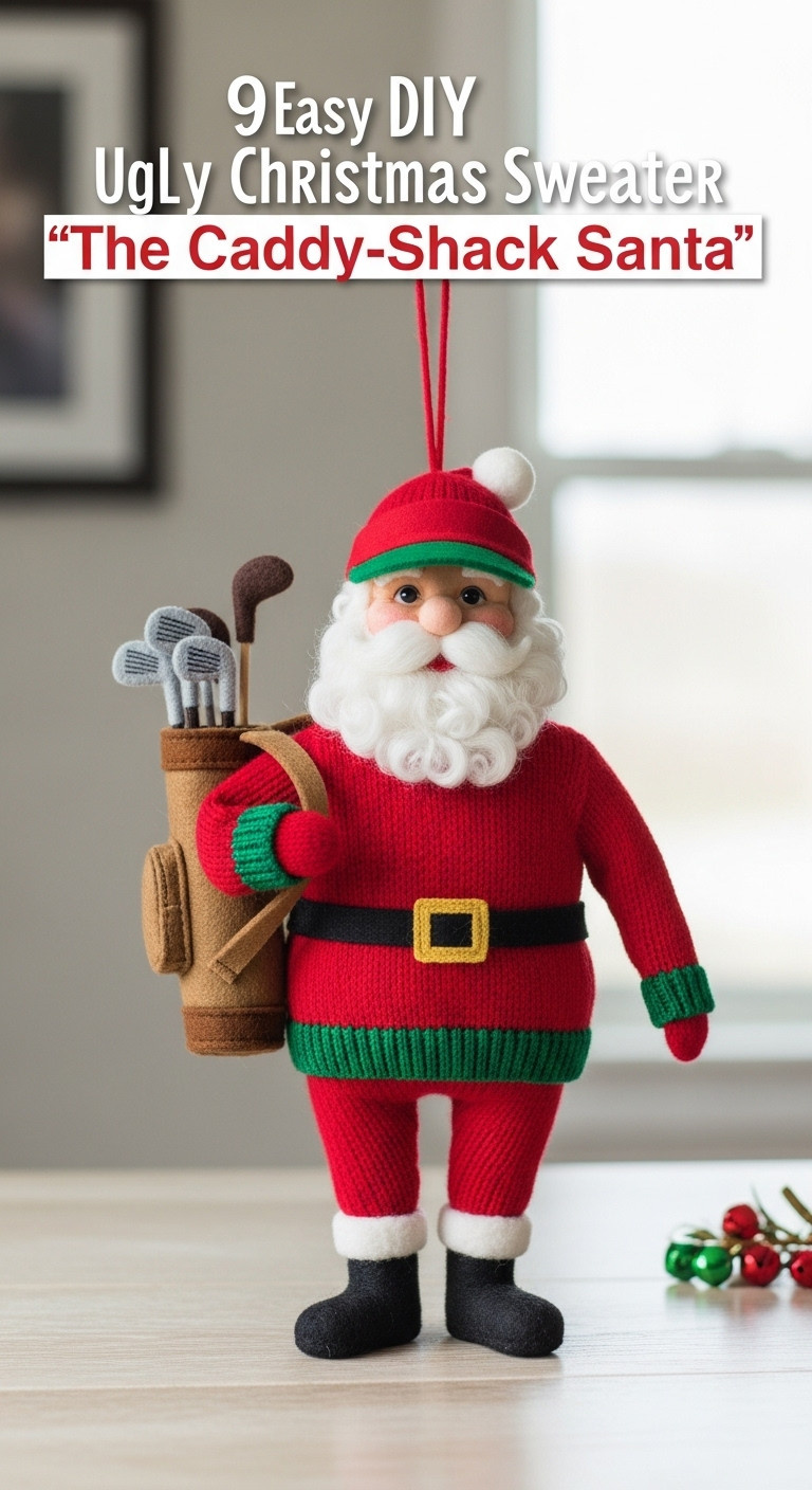 Diy Ugly Christmas Sweater With Santa In A Visor Carrying A Felt Golf Bag With Clubs