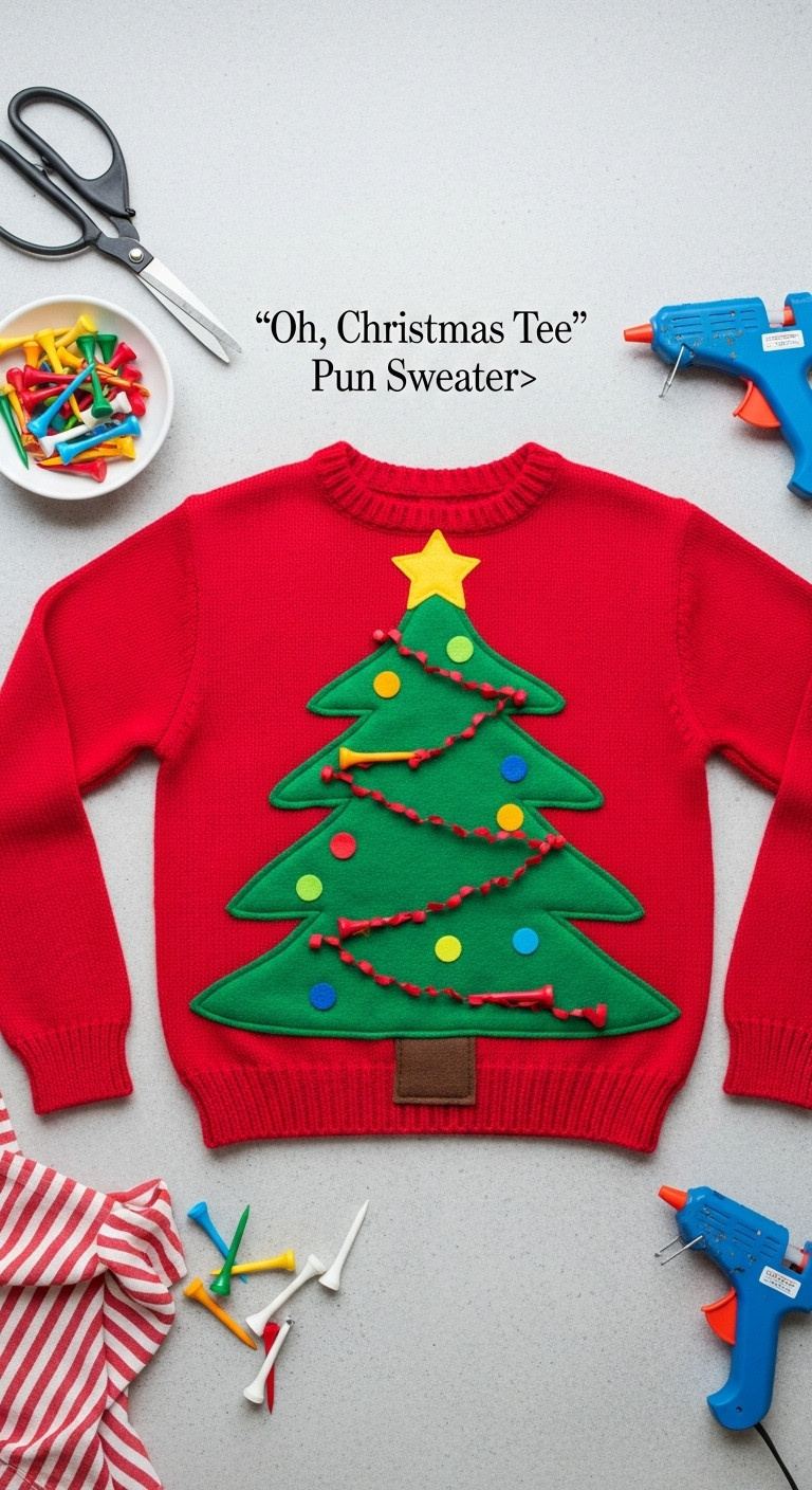 Diy Ugly Christmas Sweater With A Felt Christmas Tree Adorned With Colorful Golf Tees