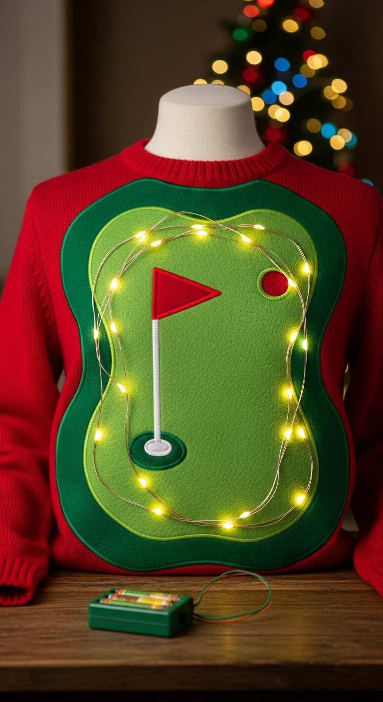 Diy Ugly Christmas Sweater With A Light-Up Putting Green Patch And Flagstick On A Dark Table